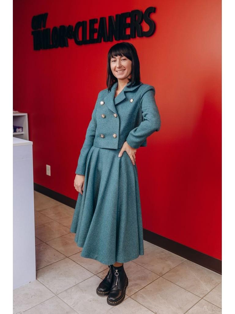 Custom-Tailored Cropped Blazer & Flared Midi Skirt
